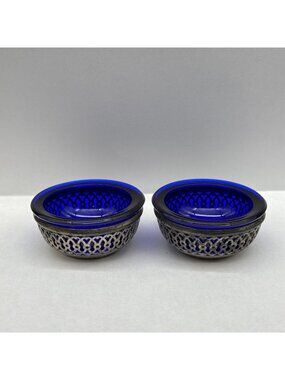Set of 2 Antique Webster Sterling Silver Cobalt Open Salt Cellars American 2”